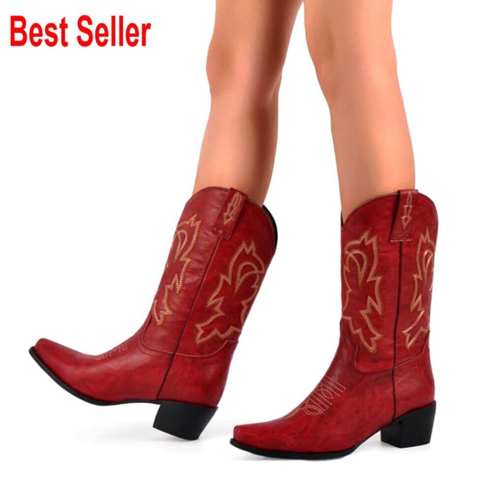 Pointed Toe Cowboy Boots, Mid Calf, Vegan Leather, 2-3 Inch Heel - Picture 2 of 7